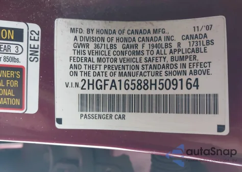 2008 Honda Civic Lx из США, поврежденный, VIN 2HGFA16588H509164